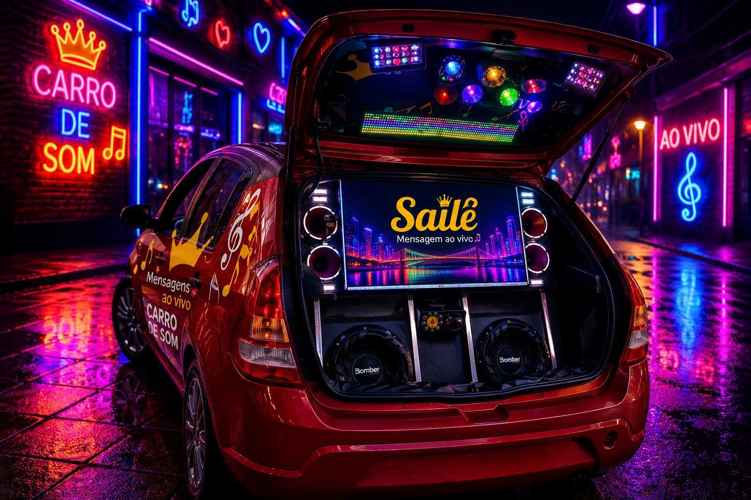 Carro de som neon da Saile Mensagem — atendimento em Canoas